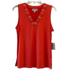 Carmen Marc Valvo Coral V-Neck Sleeveless Top with Gold Details Medium NEW